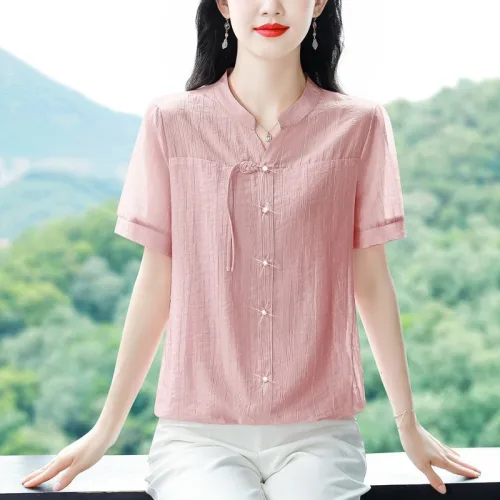 엘라누아르 여성 차이나넥 반팔 블라우스 매듭 장식 데일리 상의