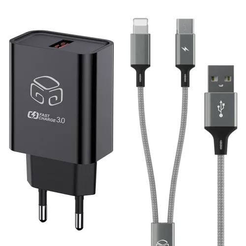 디지지 18W USB 고속충전기 + 2 in 1 C타입 8핀 2라인 고속충전 멀티케이블 170cm 세트, 블랙(충전기), 메탈실버(케이블), 170cm, 1세트