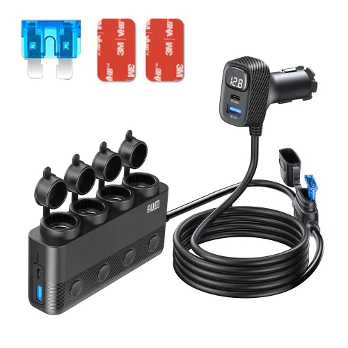아림 차량용 스위치 4구 멀티 시거잭 소켓 초고속충전 120W 200W 4포트 볼트게이지 전압, 블랙, AL75-T