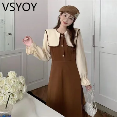 vsyoy 스커트 프렌치 레트로 틈새 헵번 스타일 베이스 원피스 인형 칼라 모직 원피스 여성의 가을 및 겨울 새로운 도착