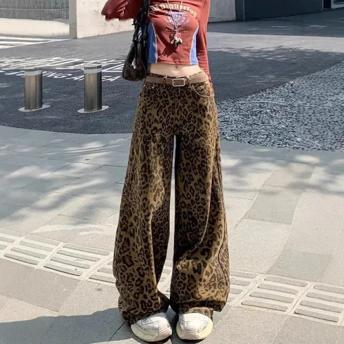 SAHINER 여성 와이드 팬츠 호피 프린트 캐주얼 가을겨울 루즈핏