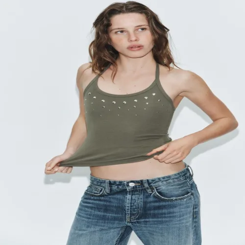 자라 스터드 장식 홀터넥 탑 - 그린 5968/100/500