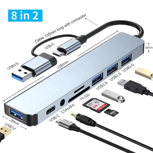 (KC 인증) USB C 8in2 멀티허브 도킹스테이션 USB3.0 SD TF 카드리더 갤럭시 맥북 노트북, 그레이, 1개