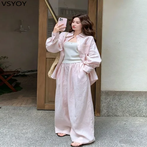 VSYOY 핑크 코튼 및 리넨 긴소매 선스크린 셔츠 와이드 레그 팬츠 2 피스 세트 여성 봄과 여름 구직 시즌 나이를 줄이는 휴게복
