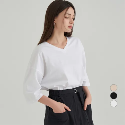 ELLE PARIS 여성용 통기성 오버핏 브이넥 7부 티셔츠
