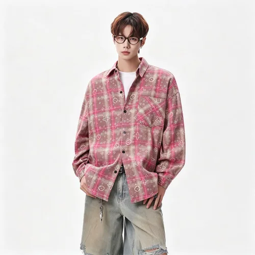 남성 핑크 체크 무늬 오버핏 긴팔 셔츠 빈티지 캐주얼 스트릿 셔츠
