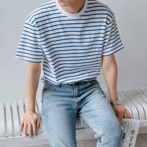 더베이직샵 부드러운 순면 스트라이프 단가라 오버핏 반팔티 3컬러 여름 휴가 시원한 티셔츠