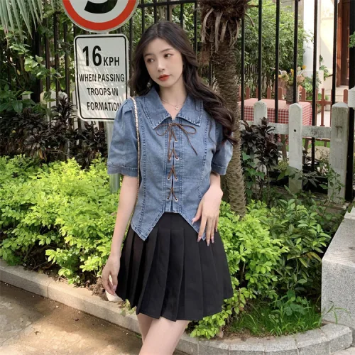 swygsqql 여성 심플 데님 자켓 빈티지 벌룬 소매 청셔츠 스트랩 디자인 데님 톱