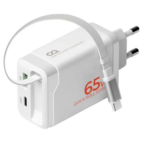 오아 퀵롤차저 일체형 케이블 65W GaN C타입 초고속 2포트 멀티 고속 핸드폰 충전기, 화이트, 1개