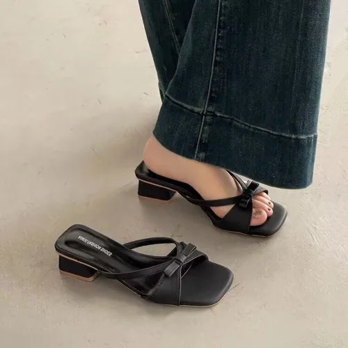 AURALA 여성 베이직 리본 뮬슬리퍼 쿠션 슬리퍼 데일리 샌들 키높이 3cm