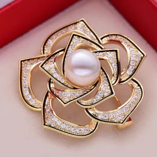Ramlove 14K 브로치 여성 브로치 동백 벽돌석 진주 브로치,비즈니스 파티 여성 도금 브로치 HAR027