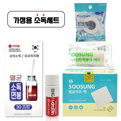 상처소독세트 [풍성 멸균소독면봉 30개입+BNG 하이드로딘 빨간약 16ml+수성 멸균거즈 7.5cmx7.5cm 20포+밴드포어 흰색 1인치 약국용+수성탄력붕대 3인치 약국용]
