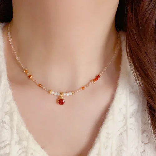 여성 담수 진주 레드 큐빅 펜던트 목걸이 - 두꺼운 14K 금도금