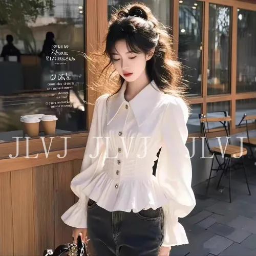 JLVJ 여성 봄가을 긴팔셔츠 예쁜 래턴 소매 슬림핏 여성 티셔츠