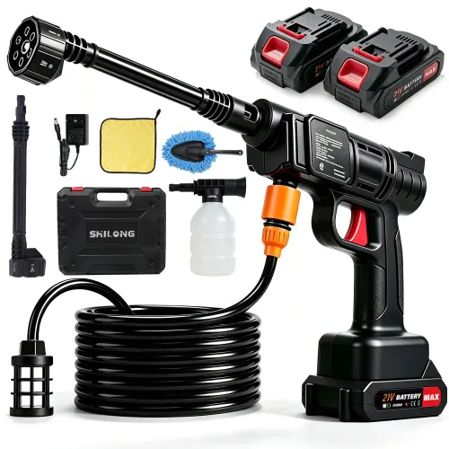 SHILONG 새로운 업그레이드 무선 고압세척기 고압세차기 휴대용 세차기 셋트 휴대용 2000mAh 배터리2개 풀세트, 1개