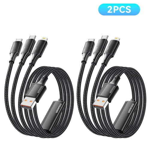 Essager 100W 7A 3in1 멀티 고속충전 케이블 2개입, 블랙, 2개, 1.2m