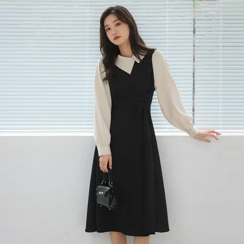 NUNUHANA 여성 벨트 레이어드 롱원피스 데일리 오피스룩