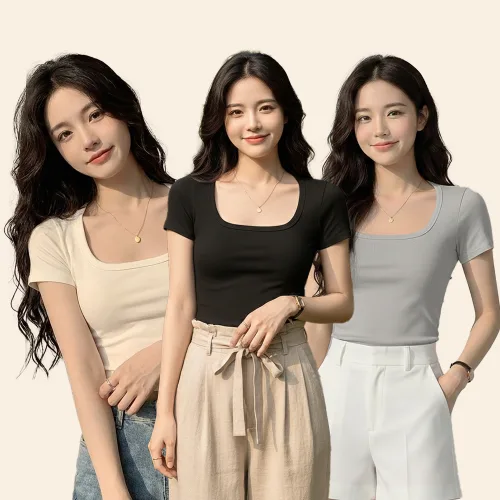 여성 스퀘어넥 유넥 반팔 티셔츠 여름 기본 슬림핏