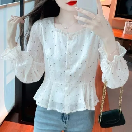AURALA 여성 블라우스 가을 빅사이즈 루즈핏 스퀘어넥 패션 도트 프린트 조거 긴팔 쇼트 상의