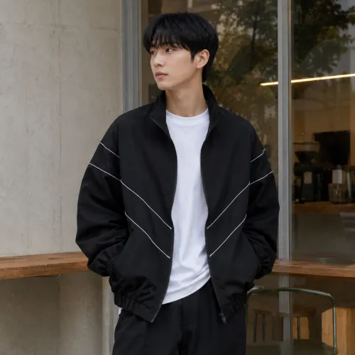 CBHV 남성 루즈핏 하이칼라 지퍼 자켓 라인 장식 밴딩 하단 데일리 캐주얼 긴팔 겉옷