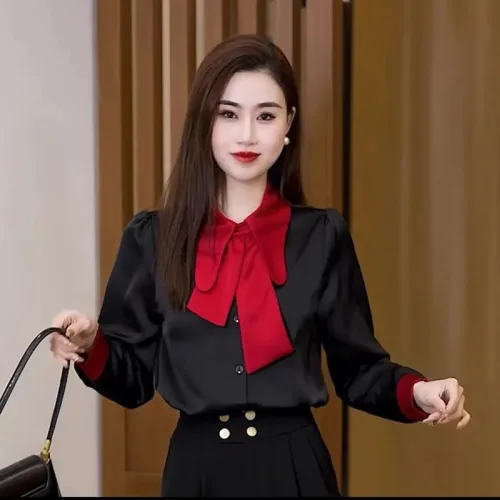 메인워크 여성 빅사이즈 타이블라우스 봄가을 간절기 프렌치 세련된 스웨이드 레이스 셔츠 고급 배색 패치 슬림핏 심플 긴소매 하객룩 아우터 상의