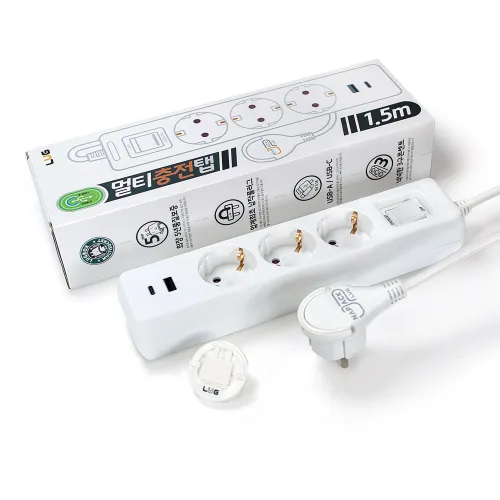 러그박스 3/5구 납작플러그 고속충전 USB C타입 고용량 3680W 멀티탭 1.5M/ 3M, 1개, 3구 화이트, 1.5m