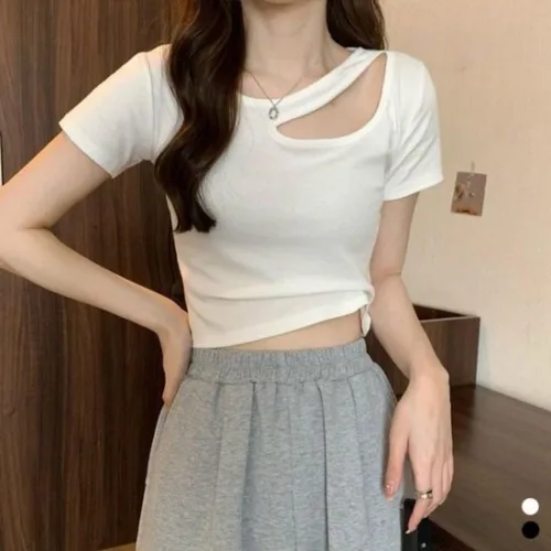 펀칭 트임 세미크롭 티셔츠 크롭 배꼽티 펀칭 여성 세미 티 반팔 세미크롭티 크롭티