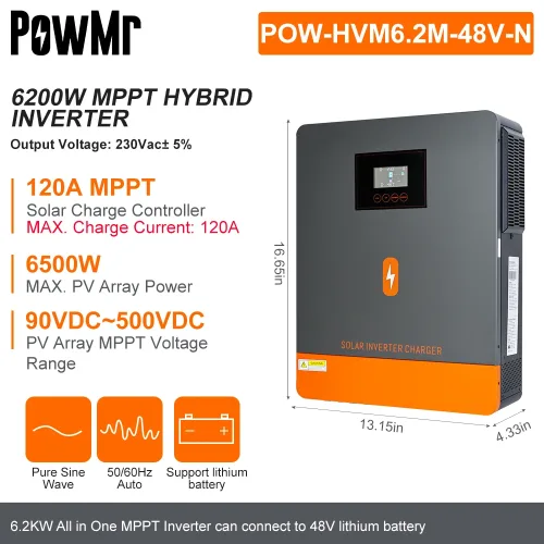 PowMr 6200W 하이브리드 태양광 인버터 48V~230VAC 120A 광전지 인버터 최대 PV 500VDC 내장형 MPPT 태양광
