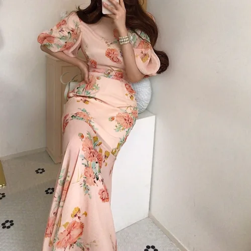 비비에모 볼륨 머메이드 핑크 롱 드레스 원피스 00973