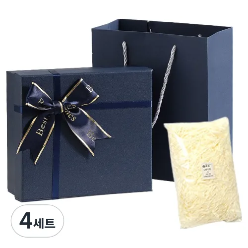 마르벨라 선물 포장박스 + 스타핑 + 쇼핑백 세트 중형 24 x 14 x 8 cm, 네이비, 4세트