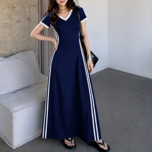 쁘띠엘라 A라인 반팔 롱원피스 데일리 캐주얼 빅사이즈