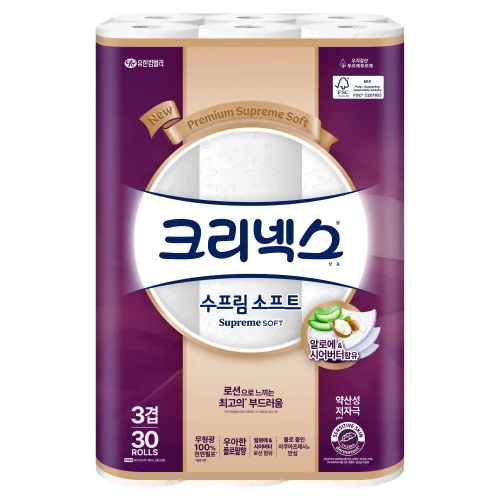 크리넥스 수프림 소프트 천연펄프 3겹 화장지, 27m, 30롤, 1개