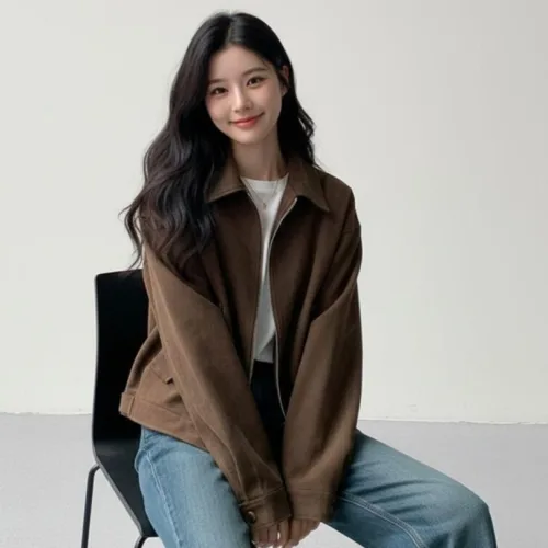 마켓피아 여성용 봄가을 데일리 집업 가죽 자켓
