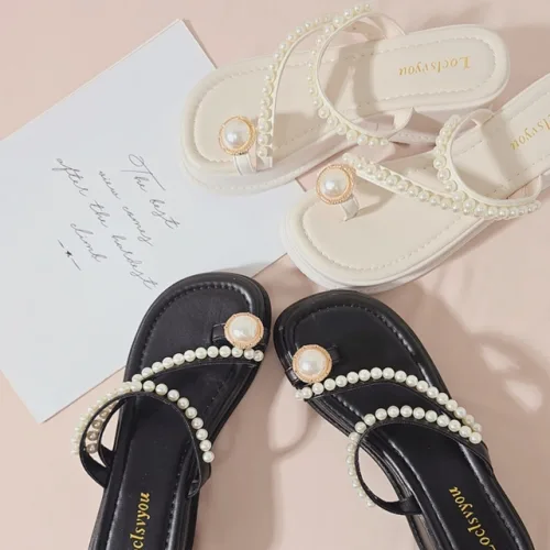 [당일출고] 셰릴비 "루시" 왕진주 라인 키높이 통굽 쪼리 진주 슬리퍼