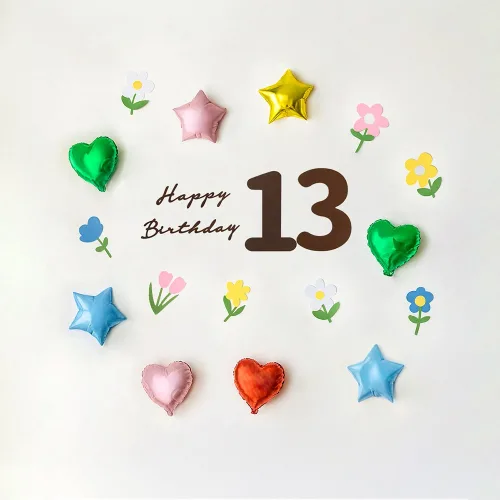 해피제이니 플라워 숫자 생일레터링 펠트 하트 별 호일풍선 생일파티 세트, 1세트, 플라워 숫자13