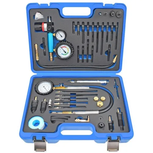 46PCS 압축 및 누출 테스트 키트 HDI TDCi 펌프 듀스 엔진 듀얼 스케일 디젤 압력 게이지가 있는 자동차 실린더 누출 테스트기용 가솔린 및 디젤 듀얼 게이지 엔진 압축