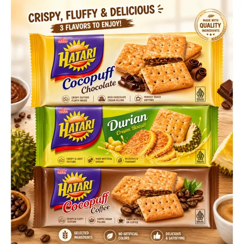 Hatari Cocopuff Biskuit 3 Varian Chocolate Coffee Durian Snack Indonesia, 1세트, 510g