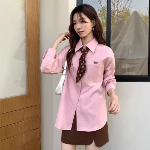 엘라누아르 여성 루즈핏 긴팔 셔츠 카라넥 포켓 넥타이 증정 캐주얼 상의