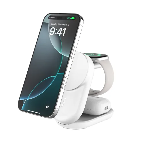 벨킨 울트라차지 3in1 Qi2 25W 폴더블 마그네틱 무선 초고속 충전기 WIZ037kr, 화이트(WIZ037krWH), 1개