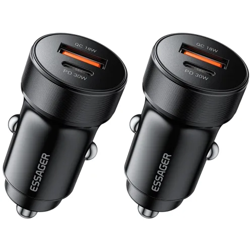 ESSAGER QC3.0 30W 듀얼 포트 C타입 차량용 고속 충전기, 블랙, 2개, ECCPQ-SH01-P