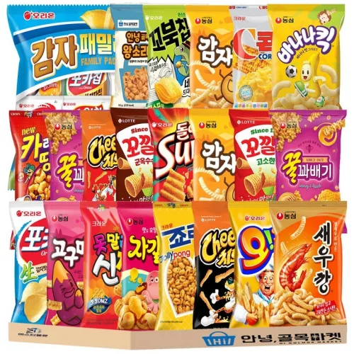 봉지 과자 26종 세트 오리온 최고스낵 4묶음 감자 패밀리팩 인기스낵 꿀바새감 고감자꿀 롯데스낵 4종 크라운 크크스낵 ( 콘칩 죠리퐁 신짱 카레멜콘땅콩 ) 스낵, 1세트, 봉지과자 26종