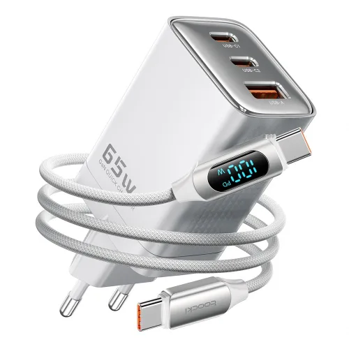 Toocki GaN PPS PD 65W 2C1A 3포트 초고속 멀티충전기, 1개, 화이트+케이블