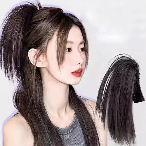 포니테일 깃털번 집게 가발 달비 머리 묶음 붙임 헤어핀, 1개, 다크브라운