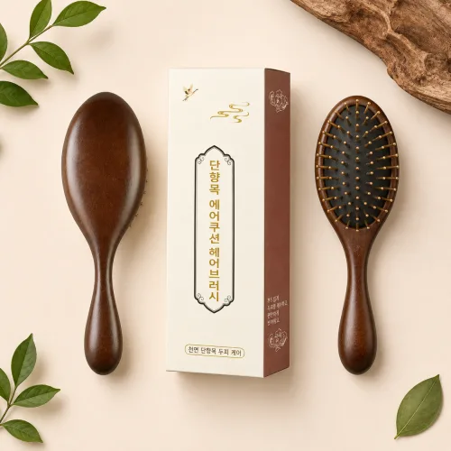 단향목 에어쿠션 헤어브러쉬 정전기 방지 두피 마사지 우드 쿠션 브러쉬 머릿결 케어 빗, 1개, 갈색