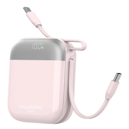 아이시 솔리디온 미니 준고체 보조배터리 10000mAh 초소형 듀얼 C타입 케이블 일체형 22.5W 고속충전 난연소재 기내반입 CCC인증, 핑크, 미니