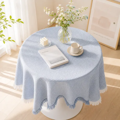 에오시르 와플 패턴 원형 테이블보, 1개, 90x90cm, 블루