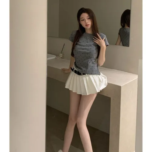 여성용 날씬해 보이는 빈티지 도트무늬 라운드넥  티셔츠
