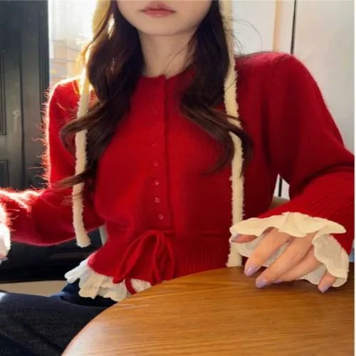 2피스 한국 스타일 달콤한 나이를 줄이는 레이스 장식 허리 조절 끈 니트 스웨터 여성 가을 겨울 신상 니트 가디건 여성