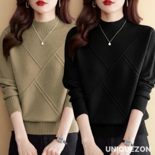 UNIQUEZON 중년여성의류 루즈핏 반폴라 긴팔 니트티 가을 겨울 스판 스웨터