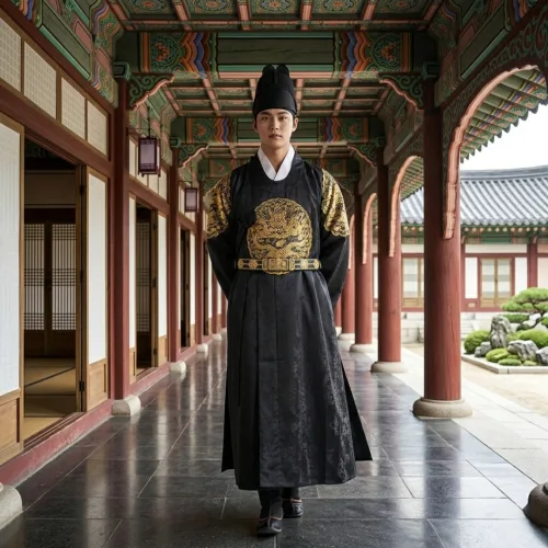 [신비로운 전통] 양단 곤룡포 용포 홍색 황색 곤색 검정 조선시대 임금 용포 남자 한복 외국인 선물